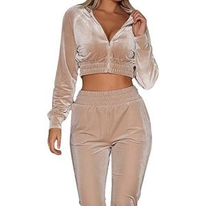 Beige 2 Piece Velvet Tracksuit